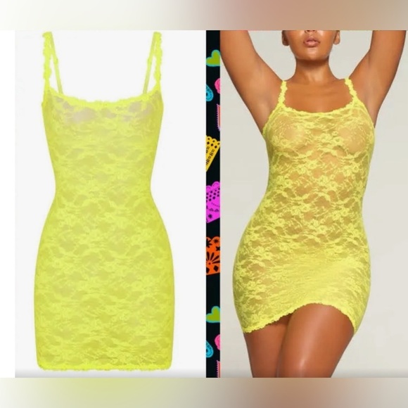 SKIMS Dresses & Skirts - SKIMS Fits Everybody Short Lace Slip Dress Sexy Yellow Highlighter size 4X Plus